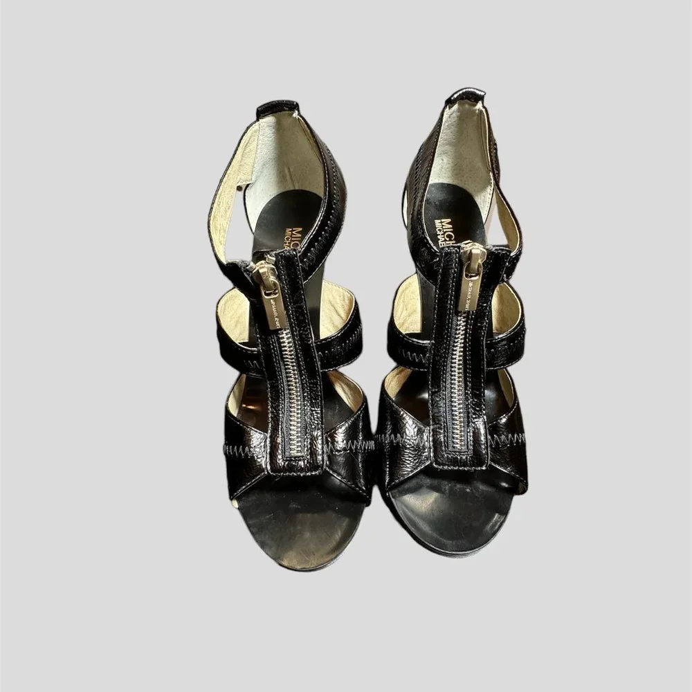 Michael Kors size 8.5  black T strap crinkle patent dress